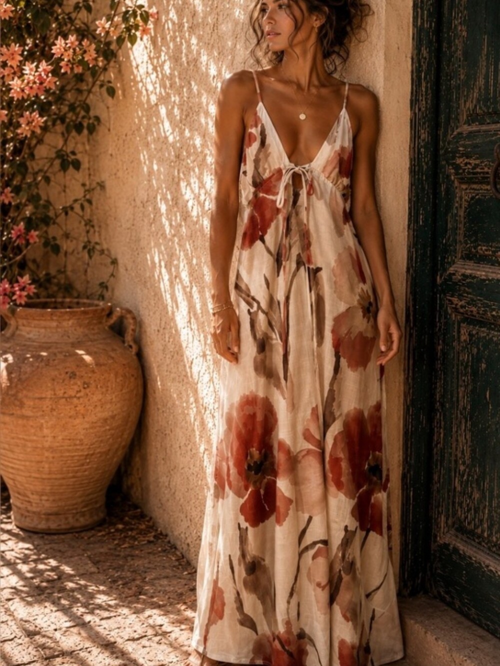 Floral Tie-Front Maxi Dress - Beige with Rust Floral